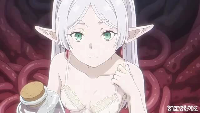 White-haired elf girl in lingerie holding potion amid tentacles