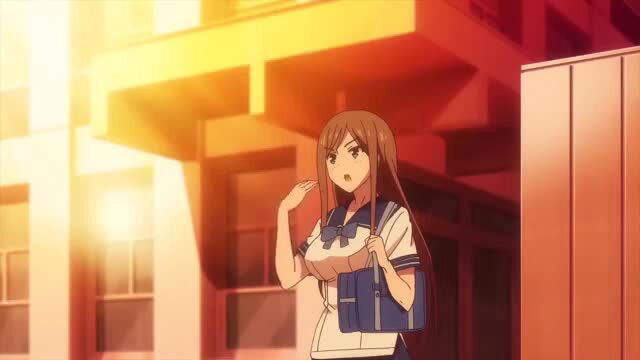 Busty anime schoolgirl in tight uniform outdoors, Overflow parody