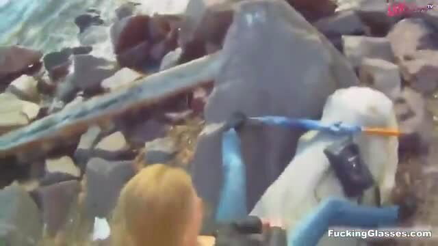 Blonde girl POV public beach fuck with dog leash play