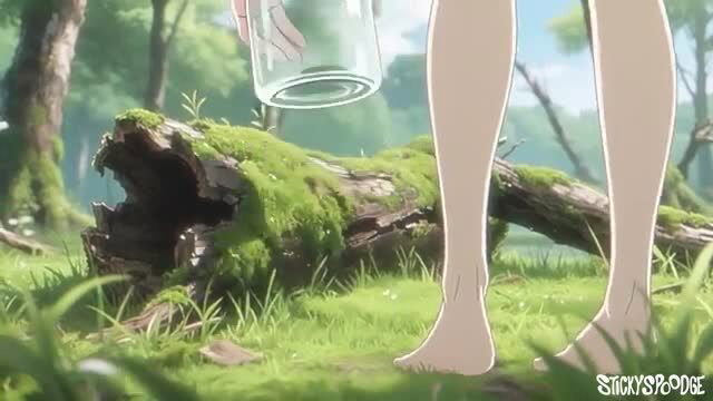 Anime girl barefoot in forest holding empty glass jar over mossy log, Tenta time vol.1