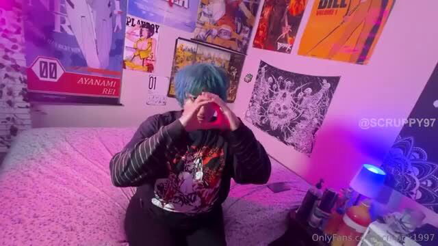 Cyan-haired BBW PAWG in black hoodie holds toy in neon room