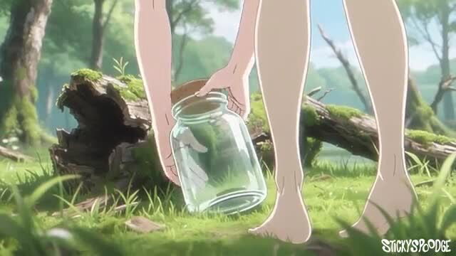 Anime girl barefoot in forest holding jar with tentacle, StickySpoodge hentai