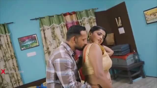 Indian couple foreplay, man gropes busty desi wife in saree blouse