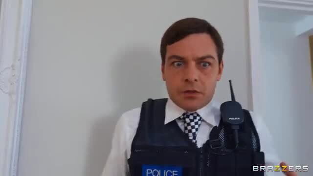 Geisha Kyd as slutty police officer in uniform, shocked expression