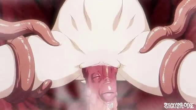 Anime hentai girl fucked by thick red tentacles in pussy, sticky pose