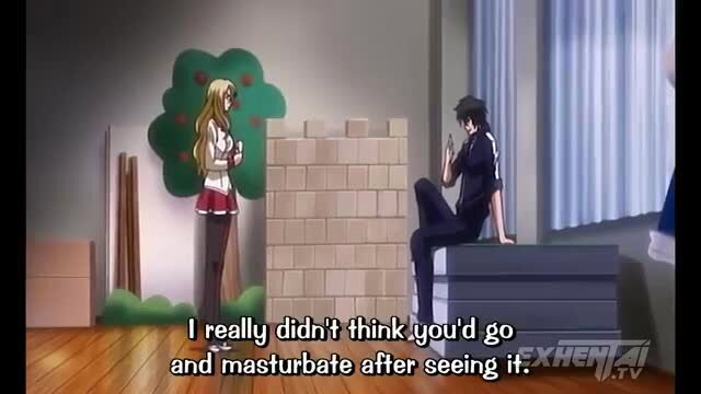 Blonde hentai schoolgirl in skirt shocked talking to black-haired guy