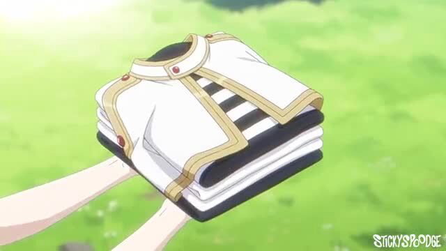 Anime hentai girl holding stack of folded white school uniforms outdoors