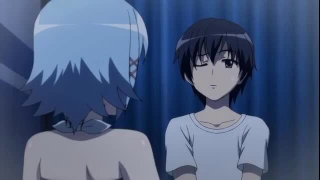 Blue-haired anime girl nude from behind facing young man in Tropical Kiss vol.3 hentai