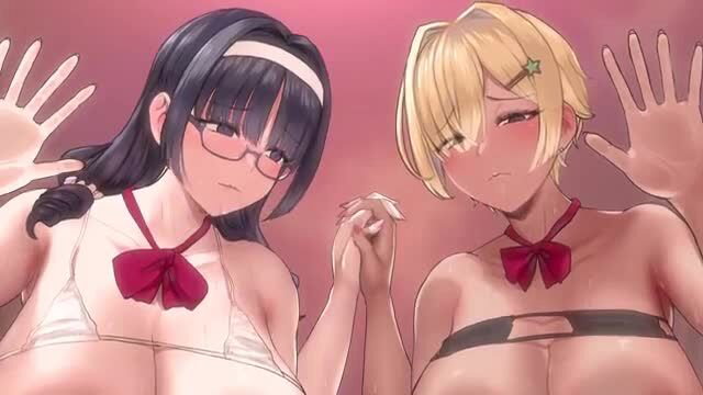 Two busty JAV girls in bikinis holding hands seductively