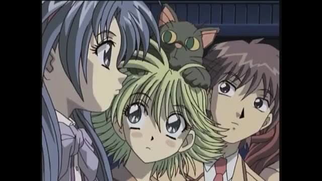 Anime girls kissing blond boy with cat in hentai scene