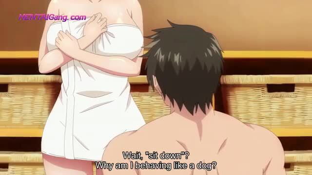Harem Camp hentai girl in towel commands nude guy to sit like dog