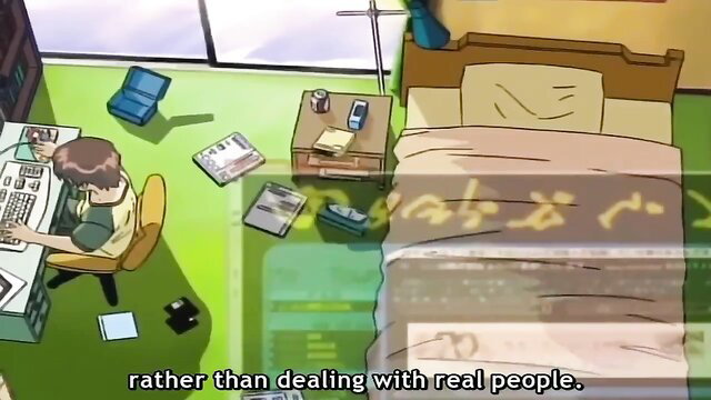 Anime boy at desk in green room, prefers 2D over real people