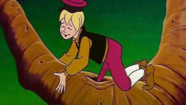 Blond twink Pinocchio in red hat climbs tree in Once Upon a Girl 1976 parody