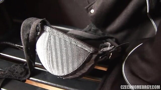 Sexy black lingerie bra and panties in car backseat tease