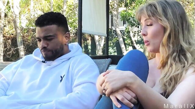 Lena Paul with BBC stud cuddling outdoors in tight top and jeans