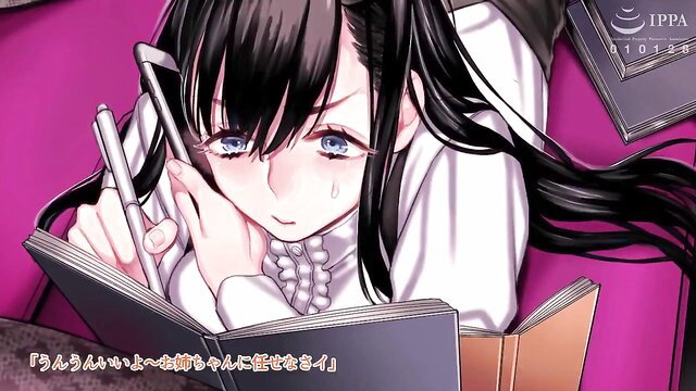 Black-haired anime beauty in white blouse writing intimately, hentai style