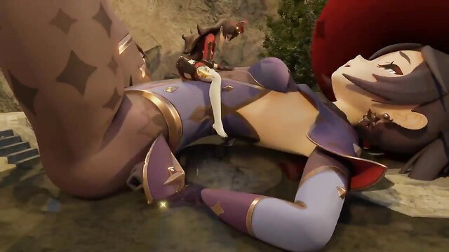 Giantess Yae Miko lying huge with tiny rider on thigh, breast ass expansion fetish