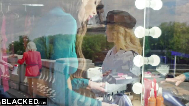 Tiny blonde runway model Christy in Blacked makeup room tease