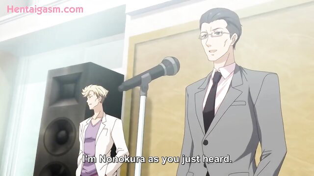 Nonokura hentai intro with suited men at mic, Rakuen Shinshoku Island