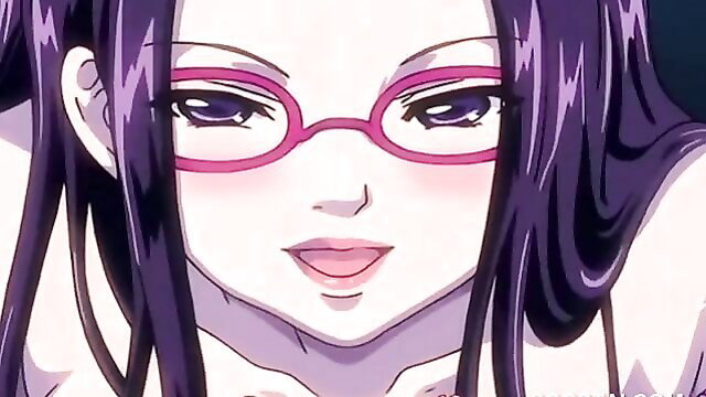 Purple-haired anime babe in pink glasses smirks seductively close-up