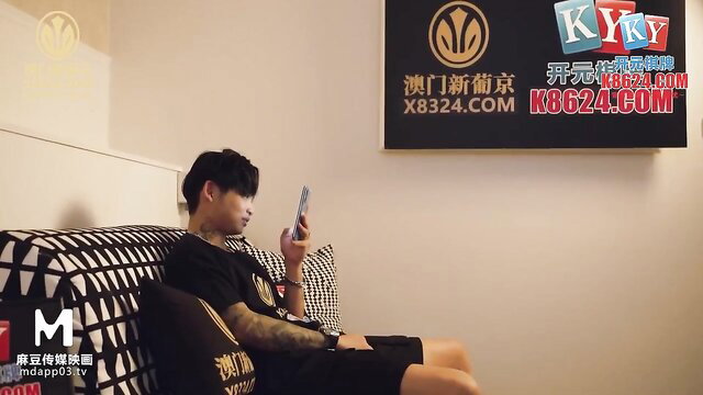 Tattooed Chinese guy on couch in Brother Fucks Step Sister China AV