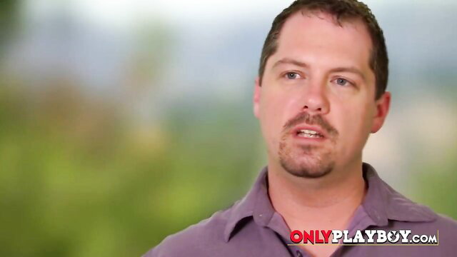 Handsome bearded swinger man in purple shirt interview, reality couple show