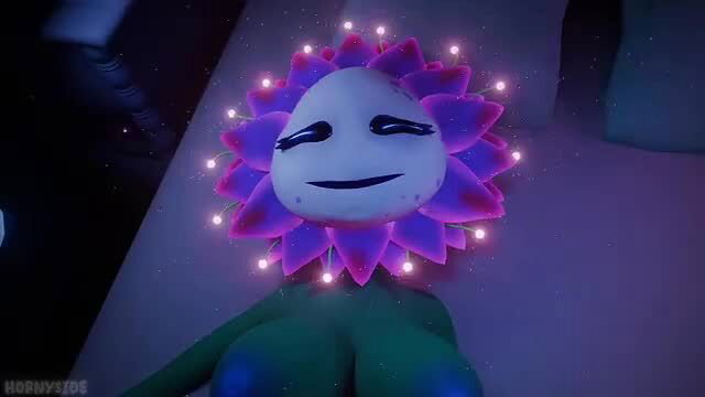 Hornyside as glowing purple alien flower creature in cosmic bedroom scene