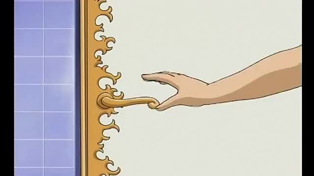 Animated hand reaching for ornate golden doorknob in hentai scene