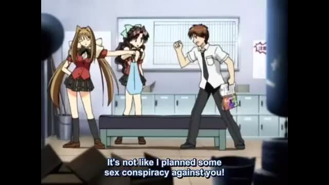 Kakyuusei 2 hentai girls in skirts confront guy in classroom scene