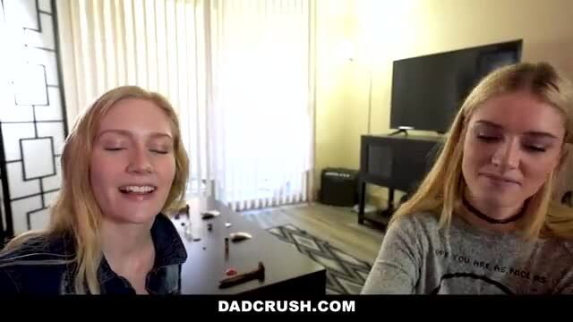 Mazzy Grace and Emma Starletto blonde babes smiling on DadCrush sleepover