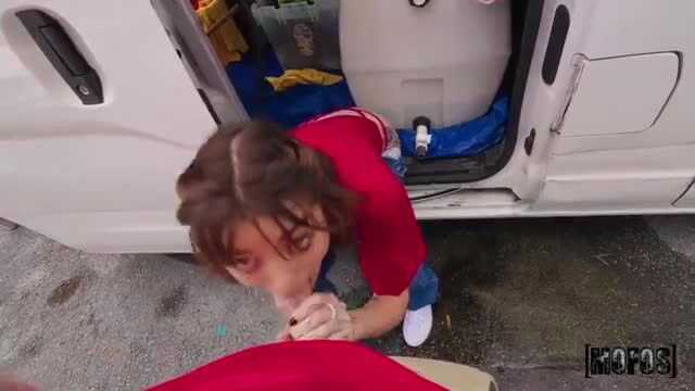 POV teen Shrooms Q sucking cock by van in red shirt