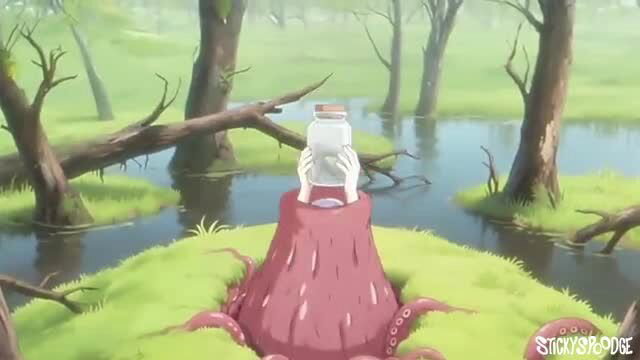 Anime girl holds jar over giant pink tentacle emerging from swamp in Tenta time vol.1 ep1