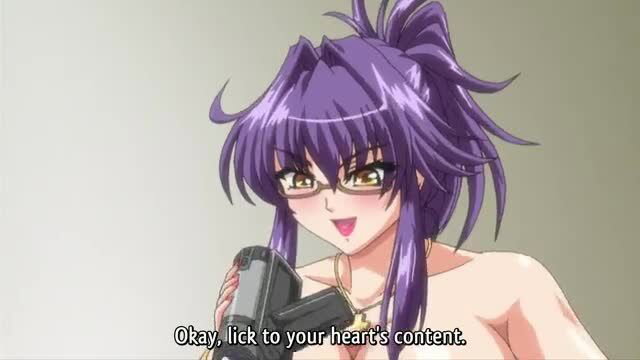 Busty purple-haired hentai girl in frilly dress stares intensely at guy