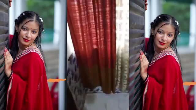 Fresh Bengali beauty in wet red saree, seductive motel pose