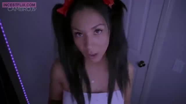 Naughty Asian teen in pigtails and lingerie teases at sleepover