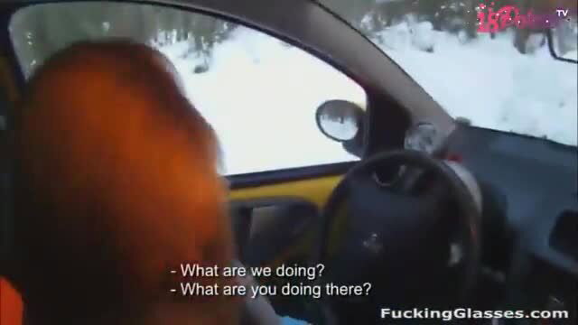 Snowboarding blonde blows guy in snowy car POV