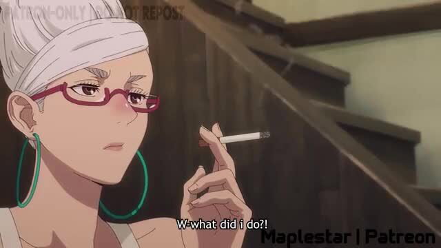 DanDaDan hentai milf in white turban with glasses smokes seductively