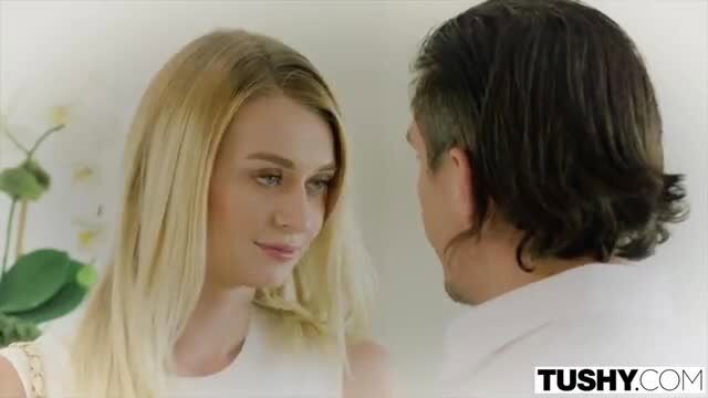 Blonde Tushy star in white top flirts intimately with dark-haired stud