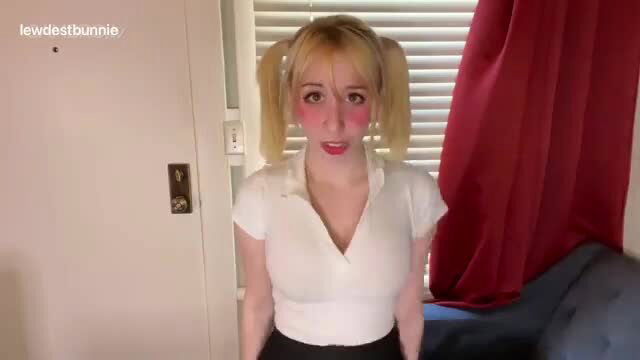 Lewdest Bunnie as sexy schoolgirl in white blouse and skirt, pouting lewdly