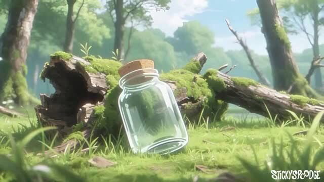Glass jar with cork on mossy log in lush forest, StickySpoodge Tenta time vol.1 ep1
