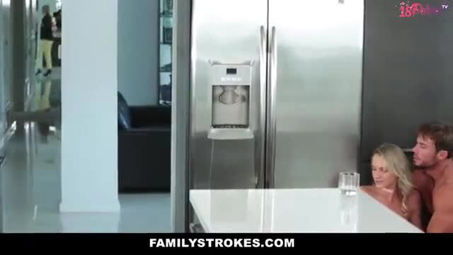 Blonde stepdaughter in lingerie fucked by stepdad at kitchen counter