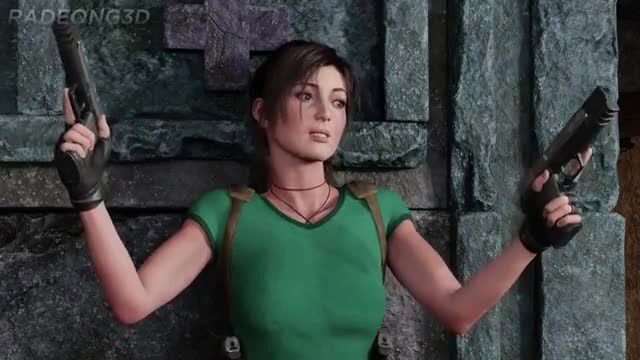 Lara Croft dual wielding pistols in tight green tank top, sexy pose
