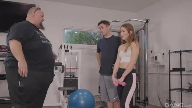 Blondie in gym threesome with fat man and fit guy, hot BJ and reverse ride