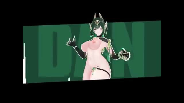 Sexy green-haired catgirl in skimpy armor dances with huge tits bouncing