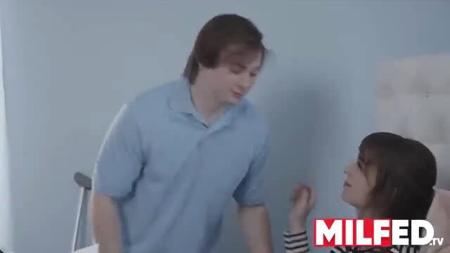 Guy touching girlfriend's busty stepmom next to her on bed