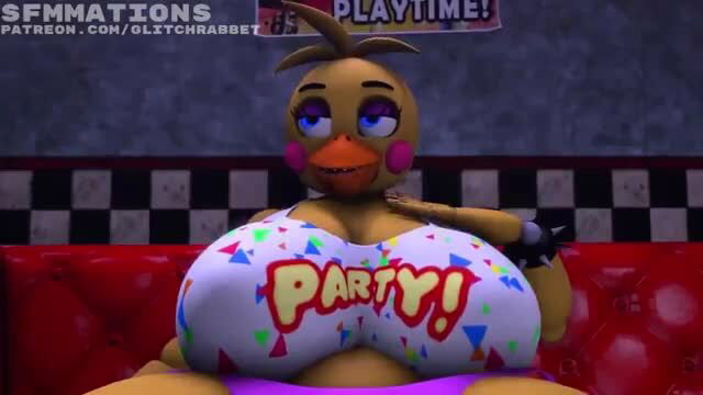 Sfmmations' busty Toy Chica in party top, seductive FNAF cosplay tease