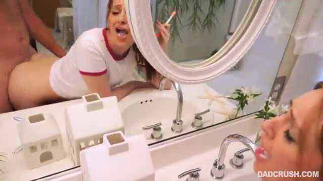 Maya Kendrick bends over sink, fucked doggy by dad in bathroom