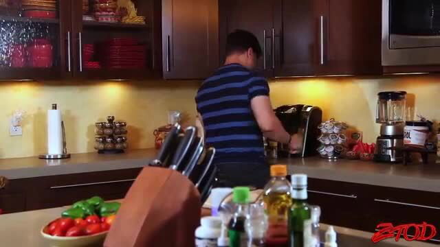 Jenna Jaymes kitchen kiss with stud in tank top