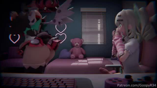 Futa Sunna and Nangong Yu in neon bedroom threesome with teddy bear