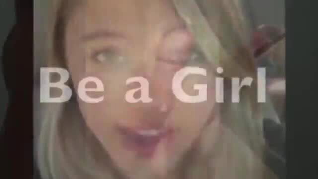 Blonde girl winking seductively, 'Be a Girl' text overlay, sissy boy tease